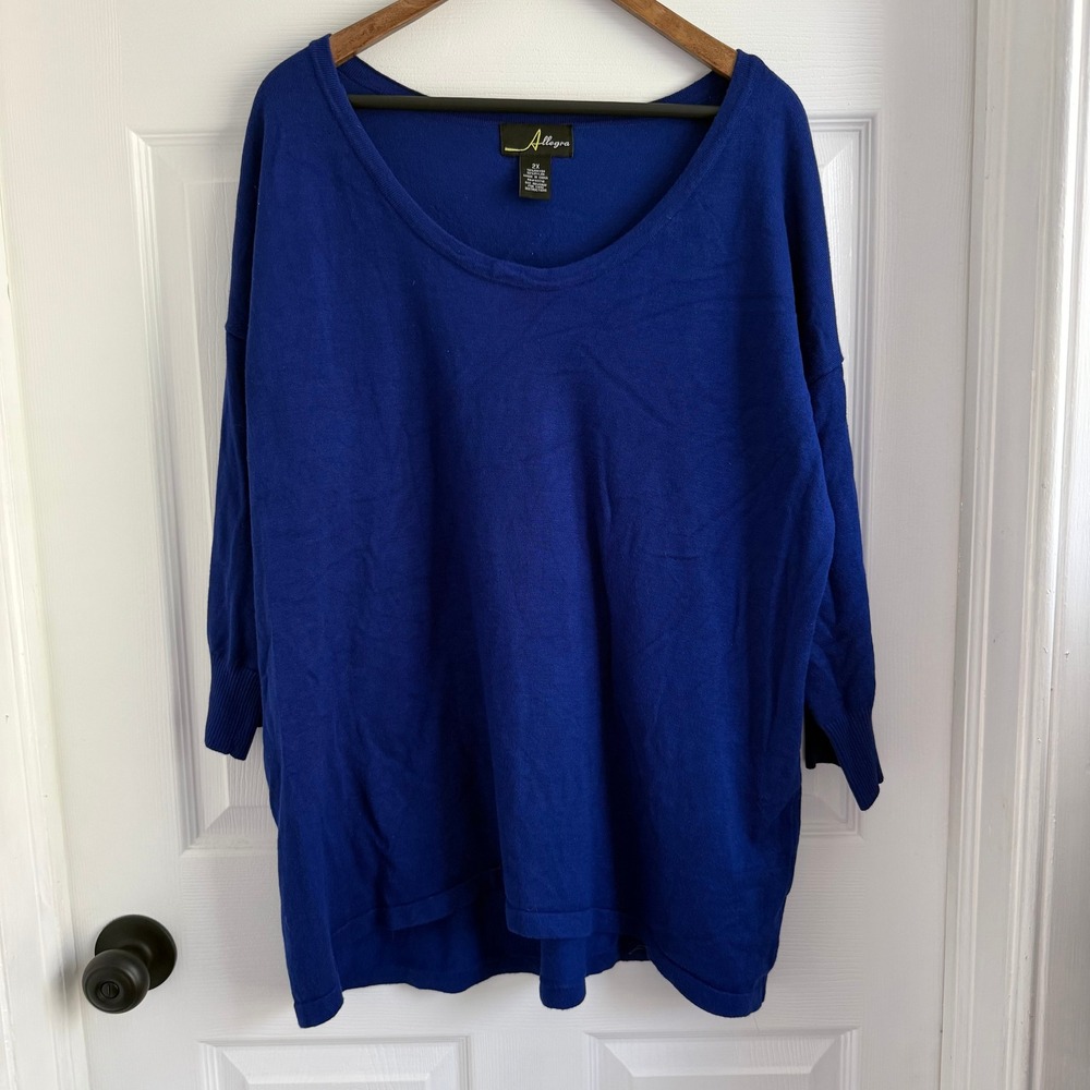 Allegra Royal Blue Scoop Neck Knit Sweater Top Womens 2X Cobalt Blue 3/4 Sleeve